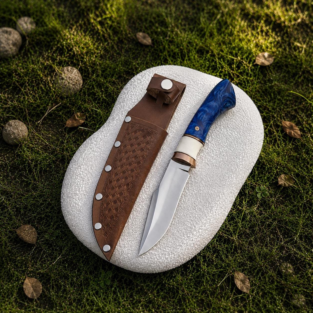 Handmade D2 Steel Hunting Knife | Blue Resin Handle, Mirror Polish Blade, Leather Sheath