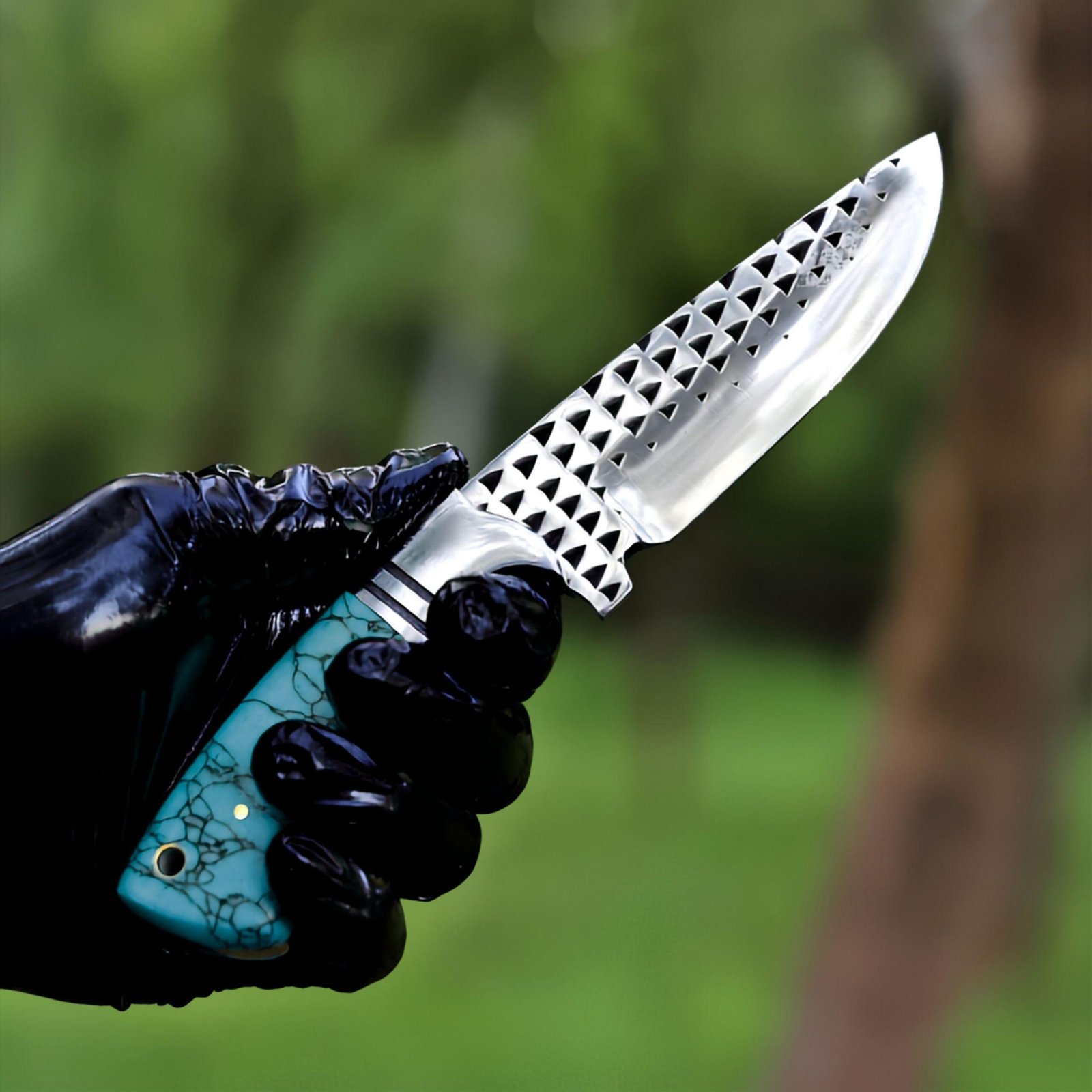 Handmade Cowboy Hunting Knife | D2 Steel Fixed Blade with Blue Resin Handle & Leather Sheath - Image 4