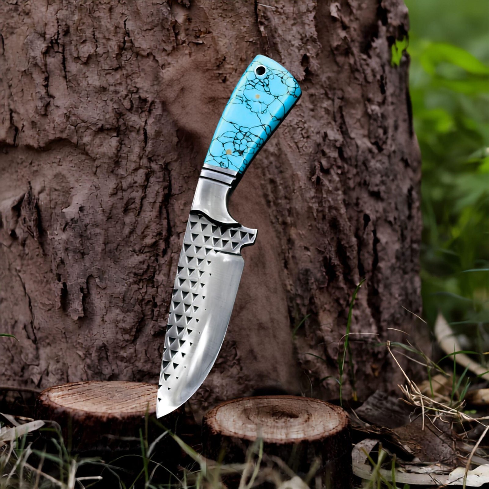 Handmade Cowboy Hunting Knife | D2 Steel Fixed Blade with Blue Resin Handle & Leather Sheath - Image 5