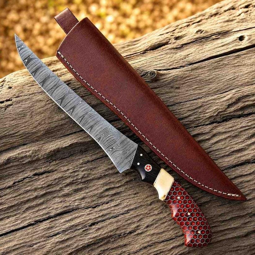 Handmade 440C Stainless Steel Fillet Knives | Resin Handles, Leather Sheaths (2-Piece Set) - Image 6
