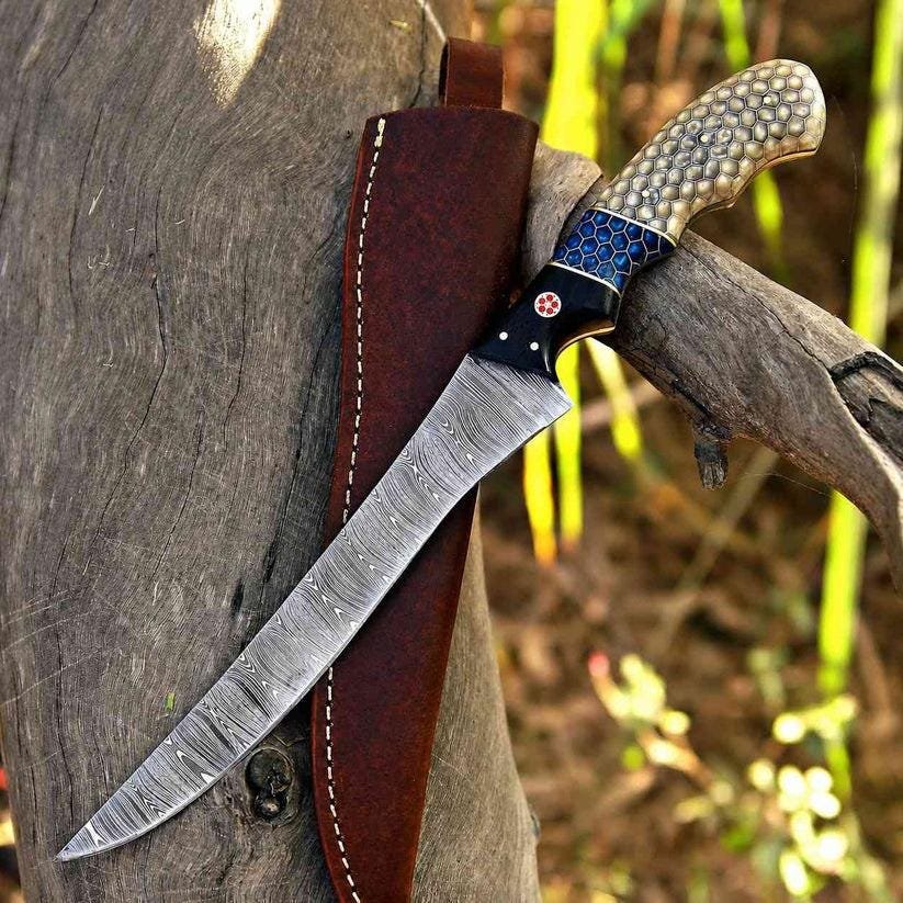 Handmade 440C Stainless Steel Fillet Knives | Resin Handles, Leather Sheaths (2-Piece Set) - Image 3