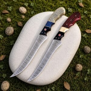 Handmade 440C Stainless Steel Fillet Knives | Resin Handles, Leather Sheaths (2-Piece Set)