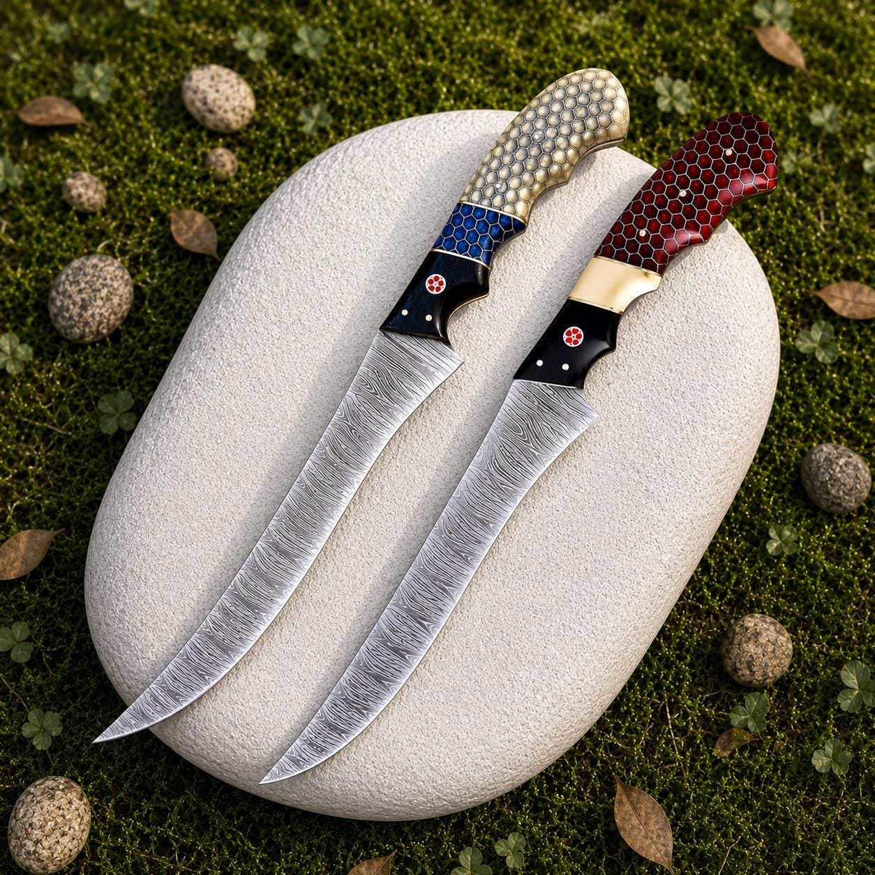 Handmade 440C Stainless Steel Fillet Knives | Resin Handles, Leather Sheaths (2-Piece Set)