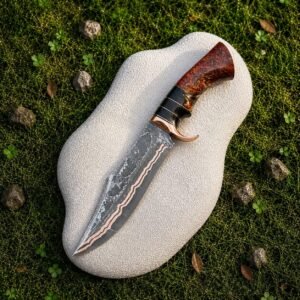Handmade Copper Damascus Bowie Knife | Ladder Pattern Hunting Knife, Epoxy Handle & Leather Sheath