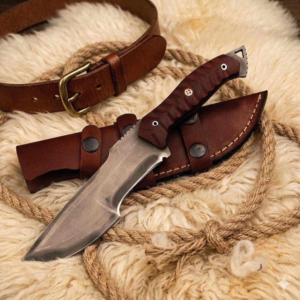 Handmade Full Tang Camping Knife | High Carbon Steel Blade, Red Micarta Handle & Leather Sheath - Image 2