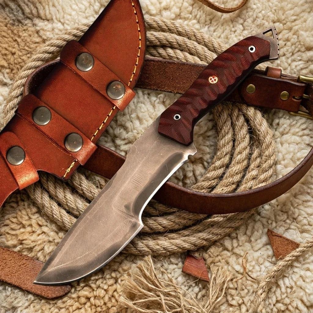Handmade Full Tang Camping Knife | High Carbon Steel Blade, Red Micarta Handle & Leather Sheath - Image 3