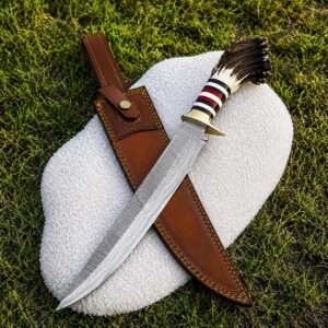 Handmade Ladder Damascus Bowie Knife | Deer Horn & Pakka Wood Handle, Leather Sheath