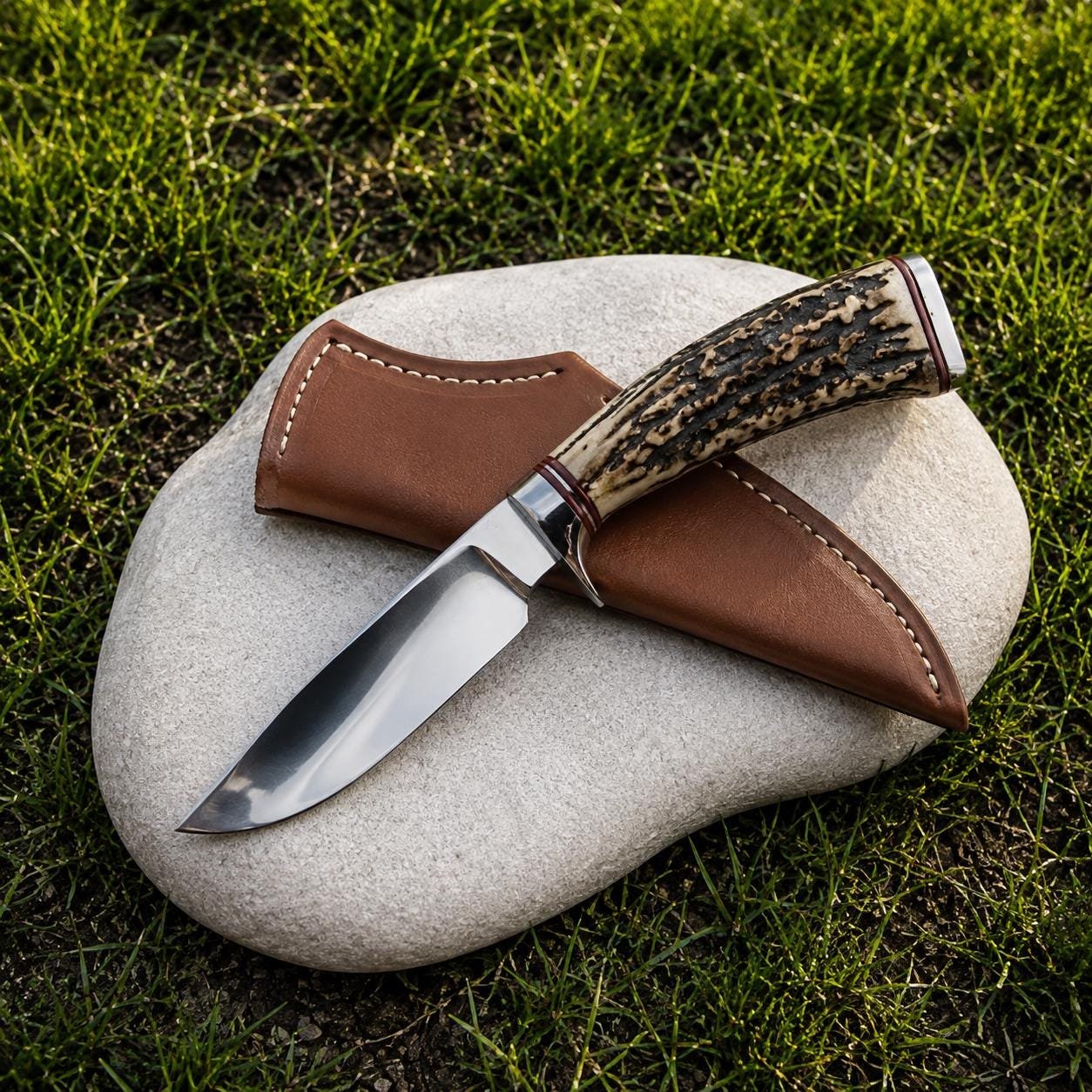 Handmade Bowie Hunting Knife | Forged Steel, Stag Antler Handle, Leather Sheath