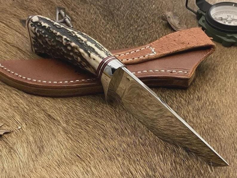Handmade Bowie Hunting Knife | Forged Steel, Stag Antler Handle, Leather Sheath - Image 3