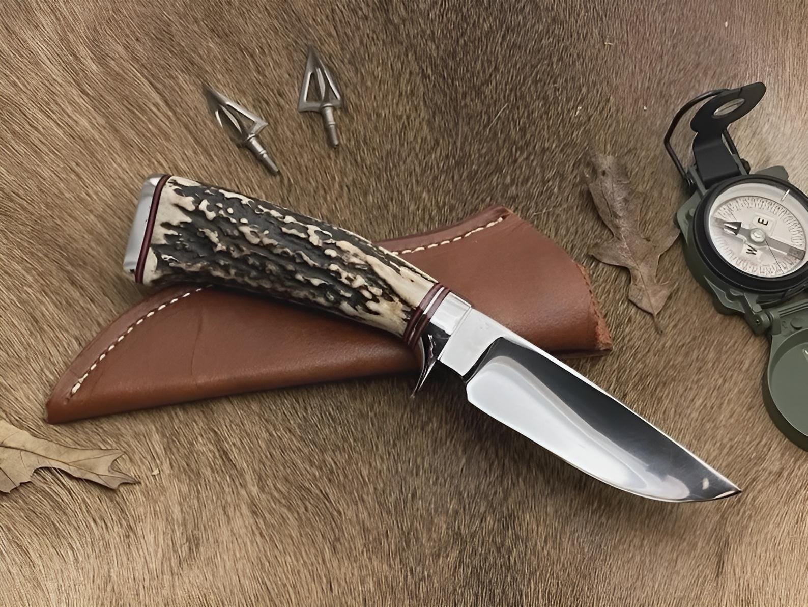 Handmade Bowie Hunting Knife | Forged Steel, Stag Antler Handle, Leather Sheath - Image 2