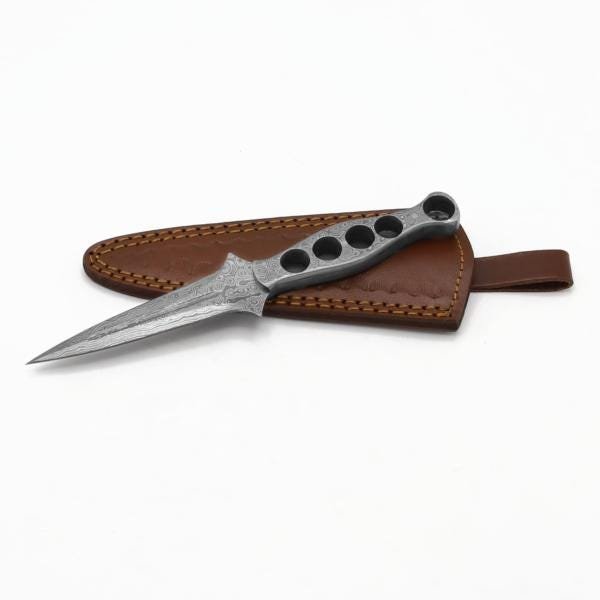 Handmade Raindrop Damascus Dagger | Boot Knife with Damascus Handle & Leather Sheath - Image 5