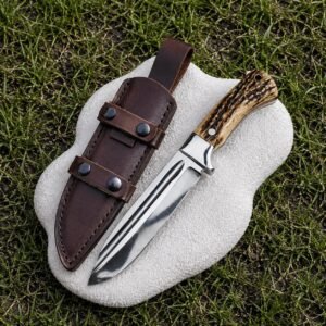 Handmade D2 Steel Bowie Knife | Genuine Deer Horn Handle, Leather Sheath