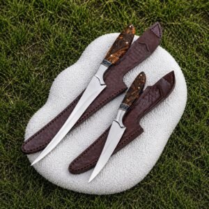 Handmade Fillet Boning Knife Set | 440C Steel, Resin Handles, Leather Sheaths