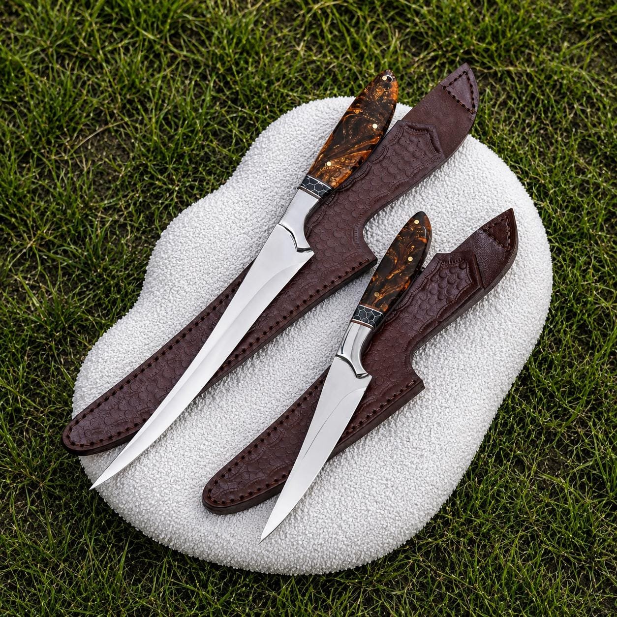 Handmade Fillet Boning Knife Set | 440C Steel, Resin Handles, Leather Sheaths