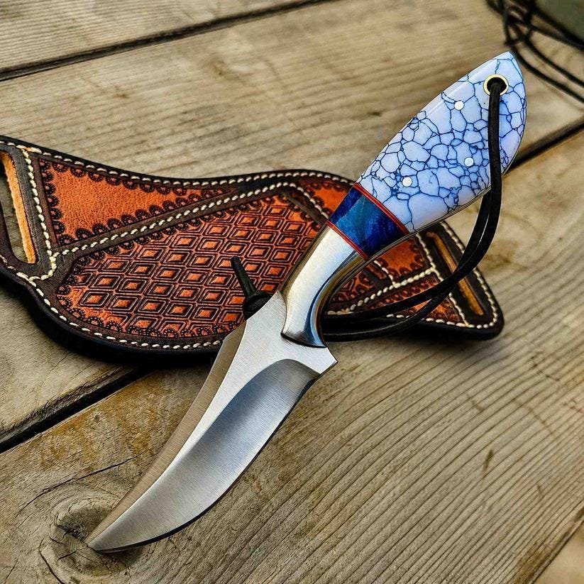 Handmade D2 Steel Cowboy Knife | Turquoise and Resin Handle, Leather Sheath - Image 2