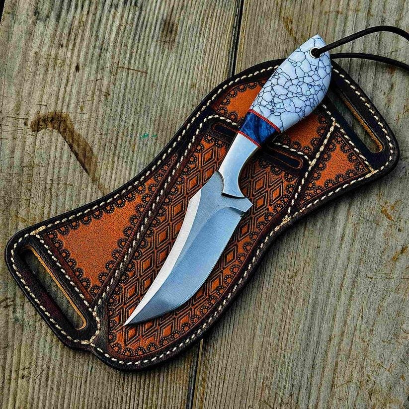 Handmade D2 Steel Cowboy Knife | Turquoise and Resin Handle, Leather Sheath - Image 3
