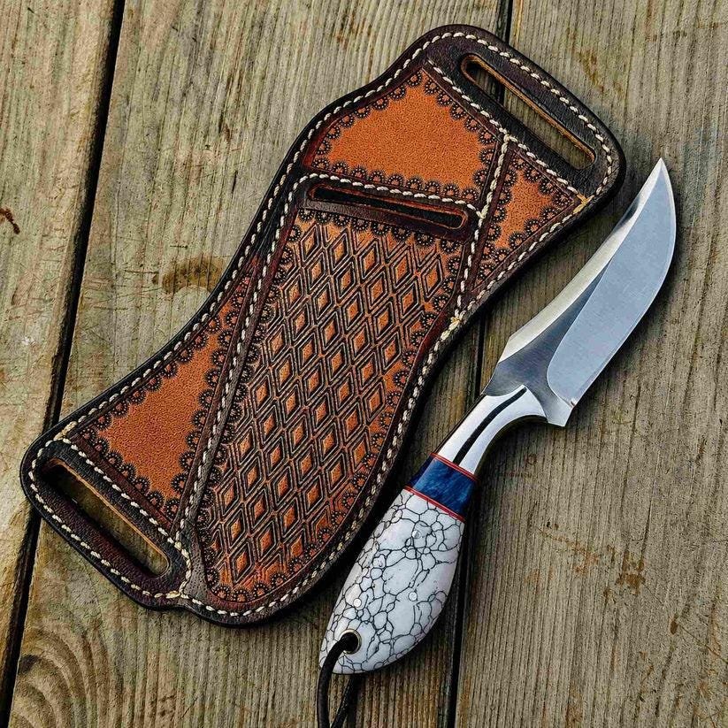 Handmade D2 Steel Cowboy Knife | Turquoise and Resin Handle, Leather Sheath - Image 5