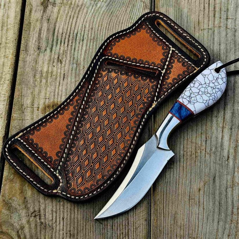 Handmade D2 Steel Cowboy Knife | Turquoise and Resin Handle, Leather Sheath - Image 6