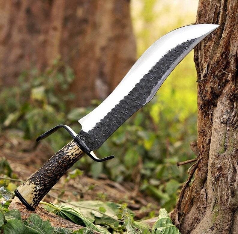 Handmade Bowie Hunting Knife | 18 Inch Carbon Steel Blade, Deer Horn Handle & Leather Sheath - Image 4