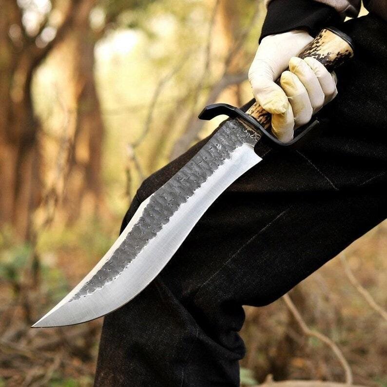 Handmade Bowie Hunting Knife | 18 Inch Carbon Steel Blade, Deer Horn Handle & Leather Sheath - Image 7