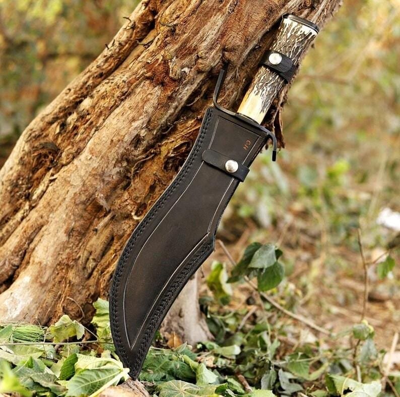 Handmade Bowie Hunting Knife | 18 Inch Carbon Steel Blade, Deer Horn Handle & Leather Sheath - Image 8