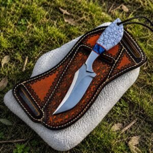 Handmade D2 Steel Cowboy Knife | Turquoise and Resin Handle, Leather Sheath