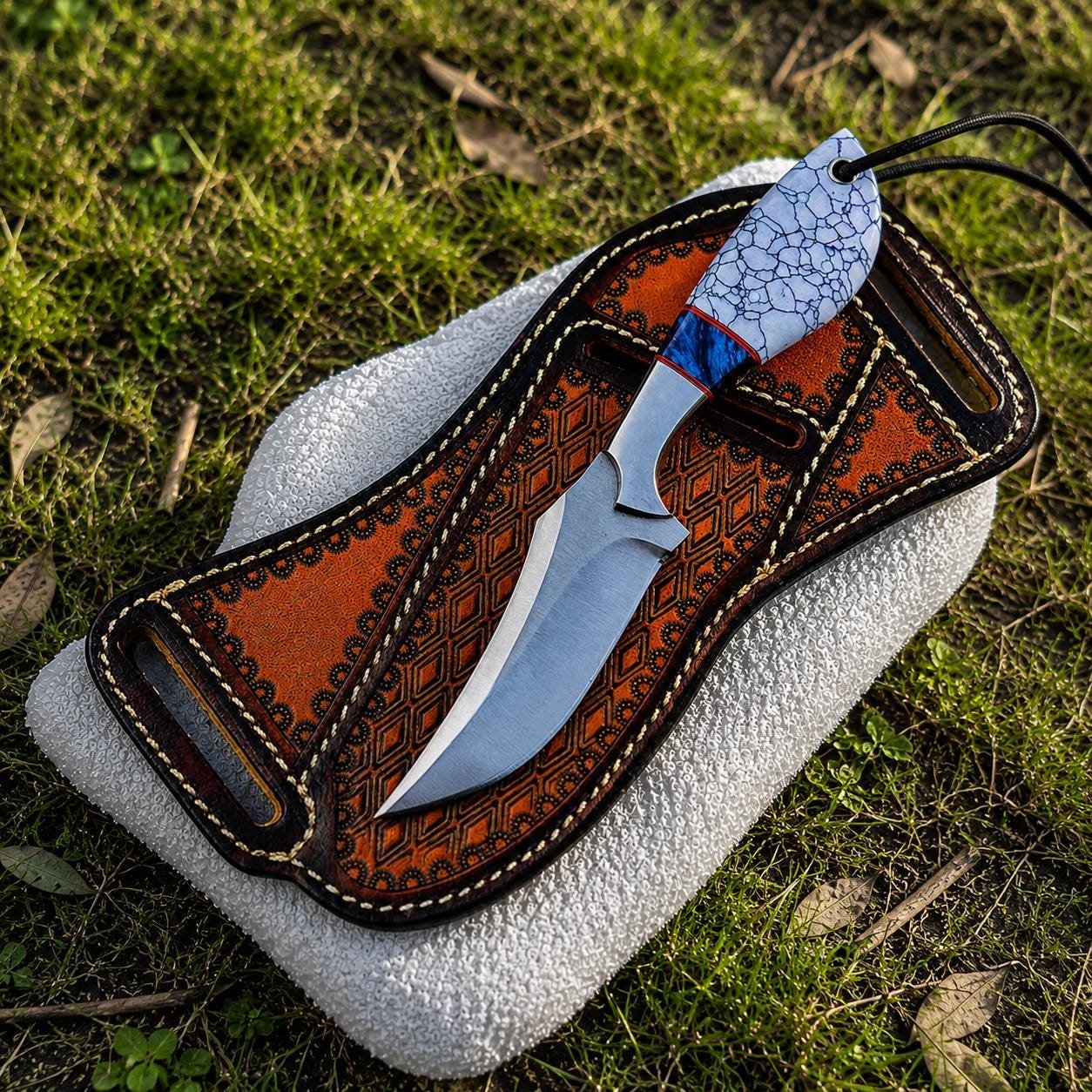 Handmade D2 Steel Cowboy Knife | Turquoise and Resin Handle, Leather Sheath