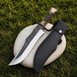 Handmade Bowie Hunting Knife | 18 Inch Carbon Steel Blade, Deer Horn Handle & Leather Sheath