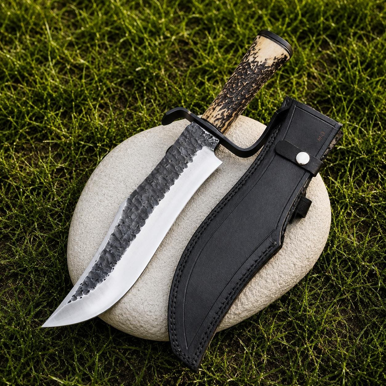 Handmade Bowie Hunting Knife | 18 Inch Carbon Steel Blade, Deer Horn Handle & Leather Sheath