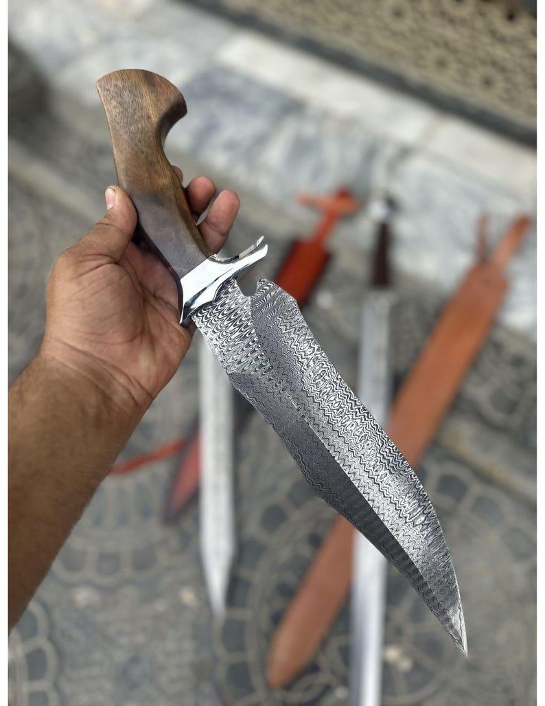 Ladder Damascus Bowie Knife | Handmade Hunting Knife, 1085 & 15N20 Steel, Rosewood Handle - Image 3