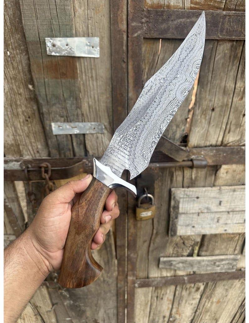Ladder Damascus Bowie Knife | Handmade Hunting Knife, 1085 & 15N20 Steel, Rosewood Handle - Image 5