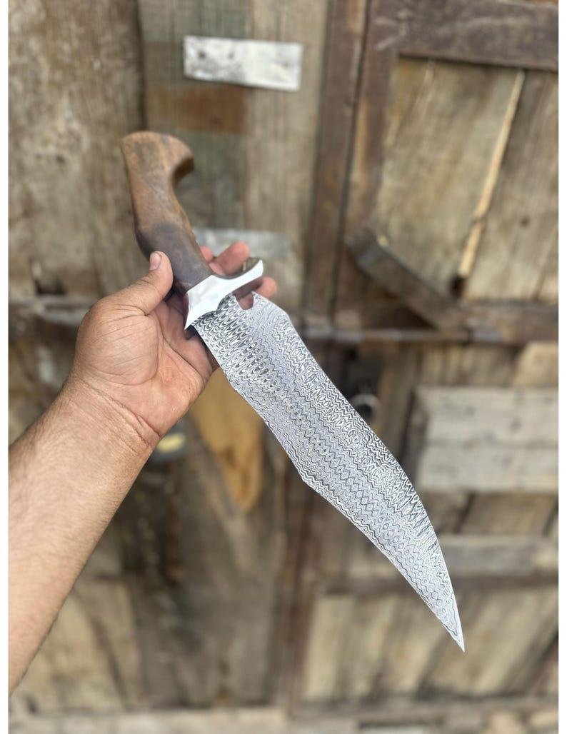 Ladder Damascus Bowie Knife | Handmade Hunting Knife, 1085 & 15N20 Steel, Rosewood Handle - Image 7