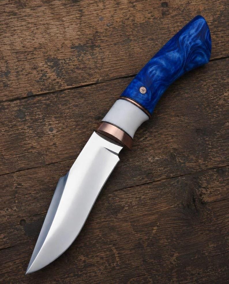 Handmade D2 Steel Hunting Knife | Blue Resin Handle, Mirror Polish Blade, Leather Sheath - Image 2