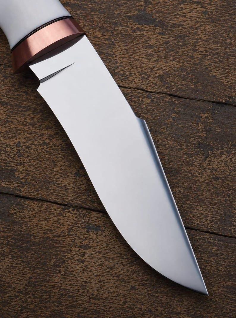 Handmade D2 Steel Hunting Knife | Blue Resin Handle, Mirror Polish Blade, Leather Sheath - Image 4