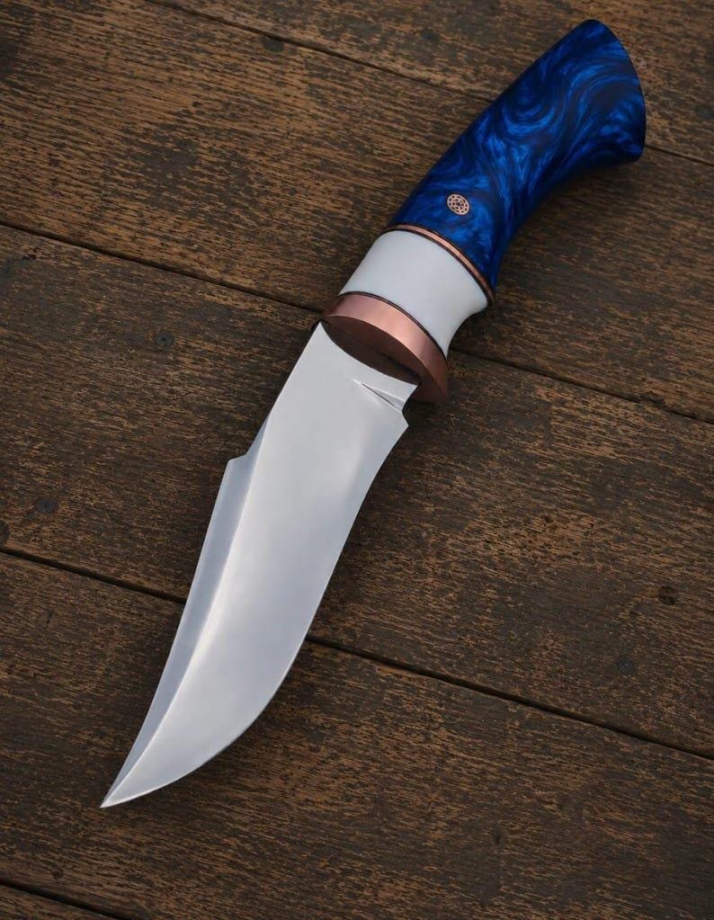 Handmade D2 Steel Hunting Knife | Blue Resin Handle, Mirror Polish Blade, Leather Sheath - Image 5