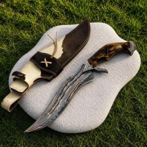 Handmade Copper Damascus Bowie Knife | Stag Horn Handle, Leather Sheath