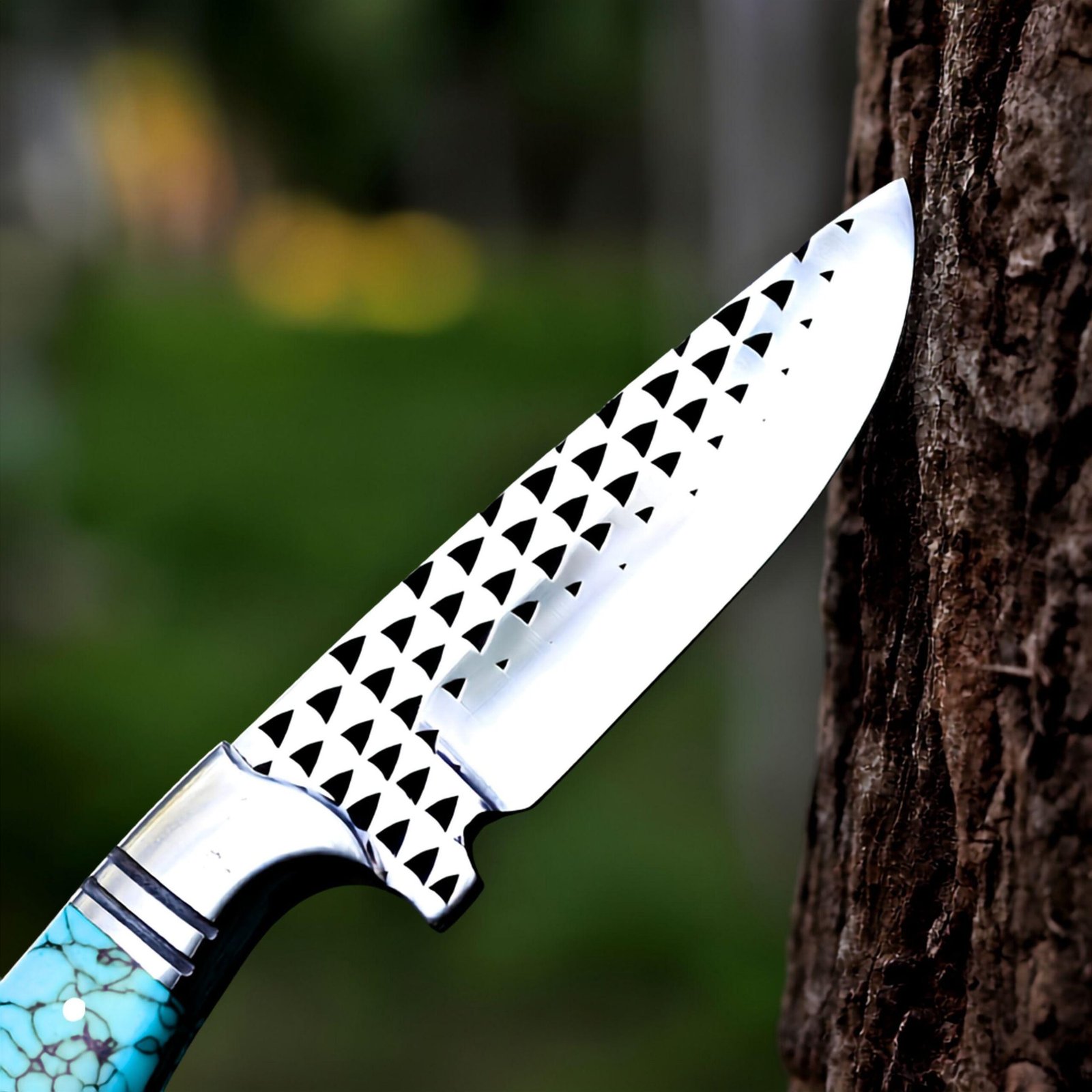 Handmade Cowboy Hunting Knife | D2 Steel Fixed Blade with Blue Resin Handle & Leather Sheath - Image 3