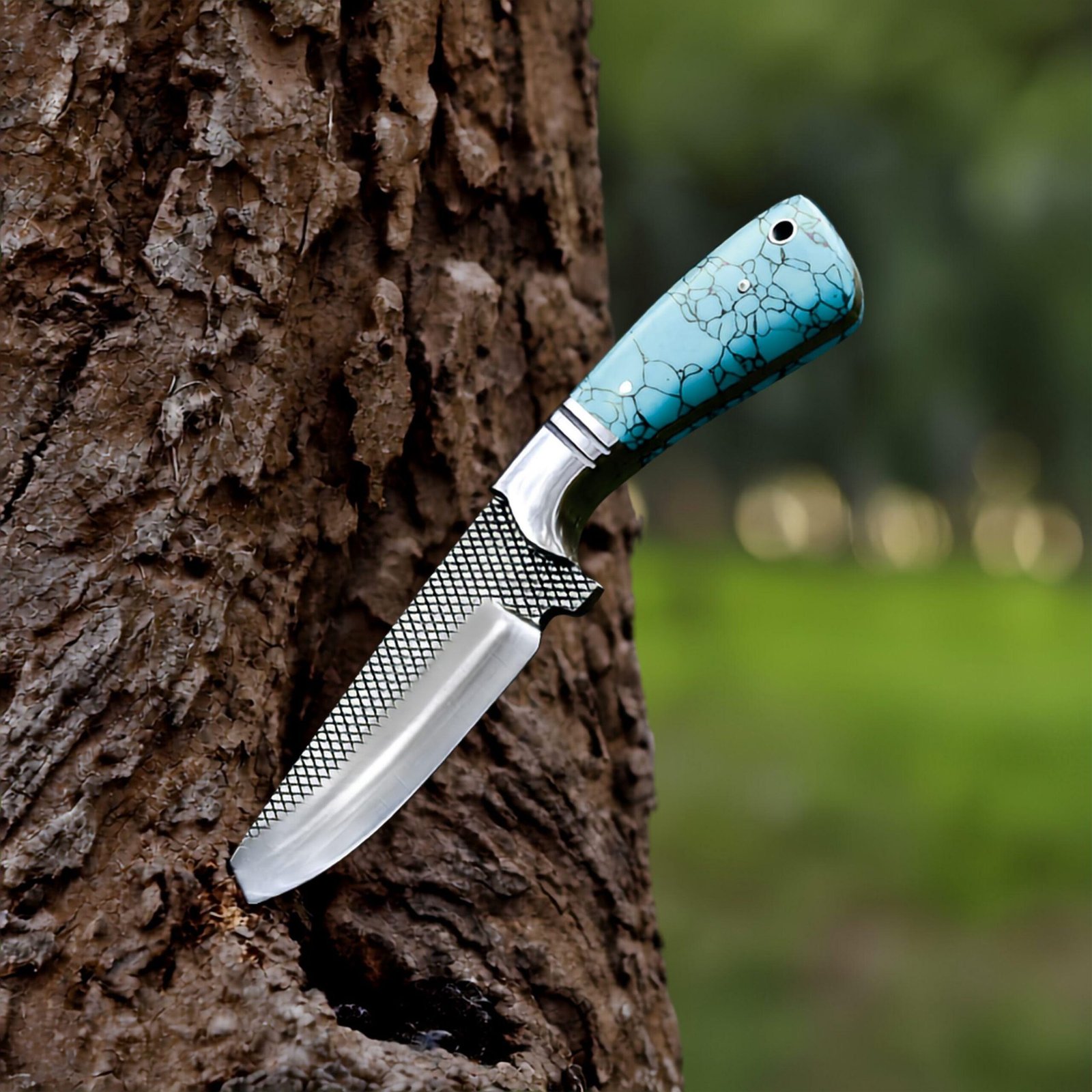 Handmade Cowboy Hunting Knife | D2 Steel Fixed Blade with Blue Resin Handle & Leather Sheath - Image 2