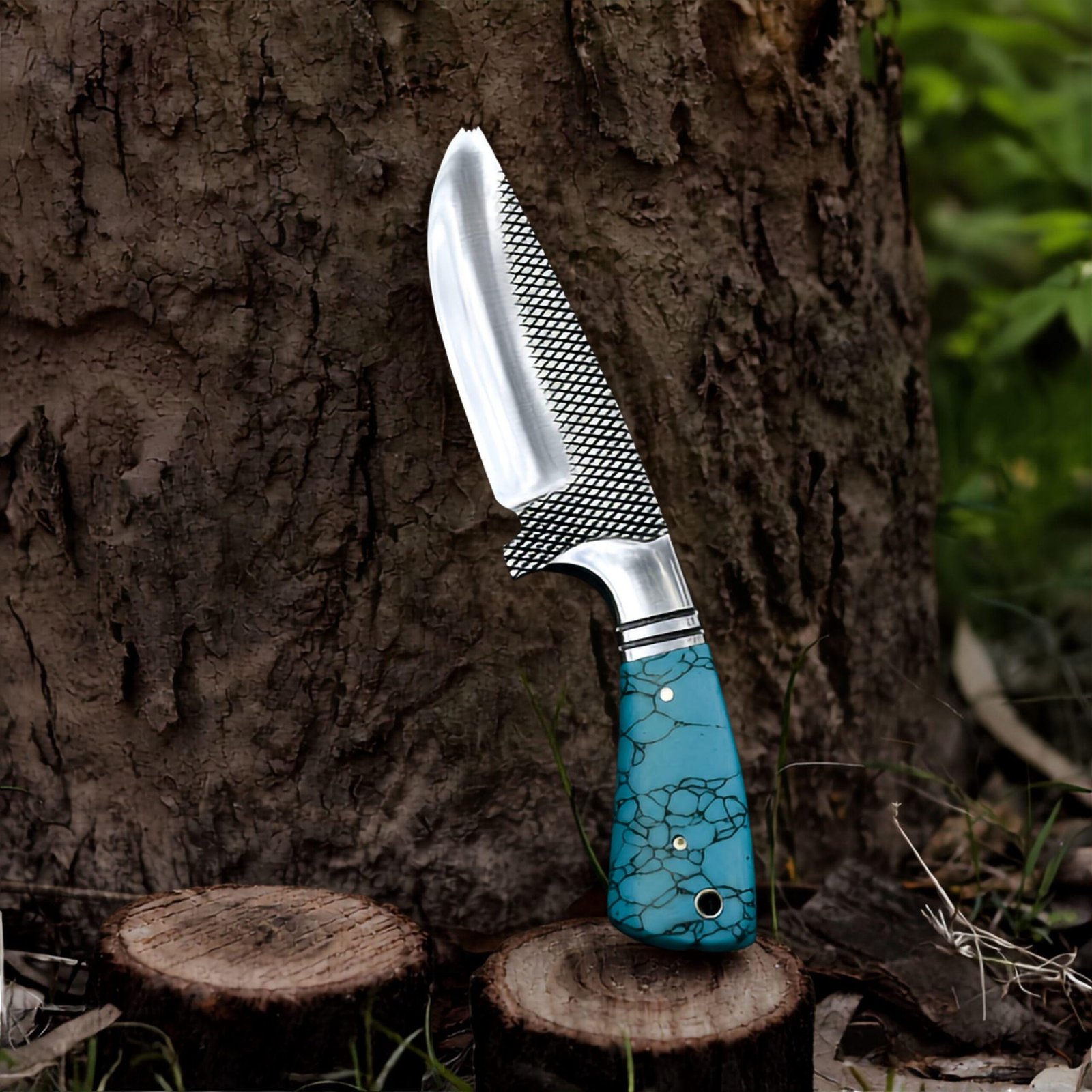 Handmade Cowboy Hunting Knife | D2 Steel Fixed Blade with Blue Resin Handle & Leather Sheath - Image 6