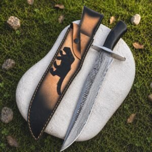 Handmade Ladder Damascus Bowie Knife | Hunting Fixed Blade with Black Wood Handle & Leather Sheath