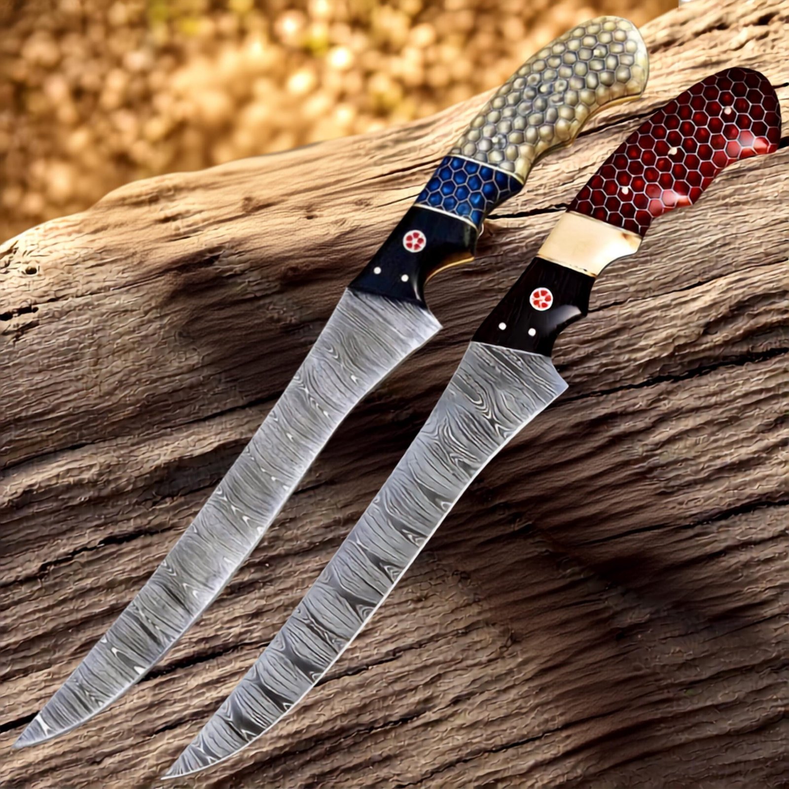 Handmade 440C Stainless Steel Fillet Knives | Resin Handles, Leather Sheaths (2-Piece Set) - Image 2
