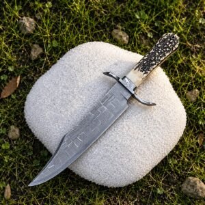 Handmade Bowie Knife | Stag Antler Handle | Fixed Blade Bushcraft Knife | Leather Sheath | Outdoor Gift