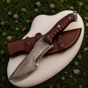 Handmade Full Tang Camping Knife | High Carbon Steel Blade, Red Micarta Handle & Leather Sheath