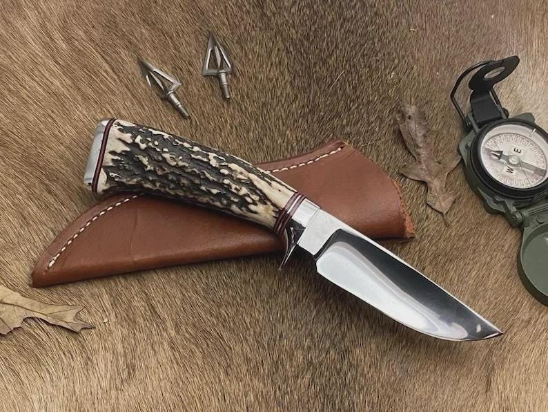 Handmade Bowie Hunting Knife | Forged Steel, Stag Antler Handle, Leather Sheath - Image 5