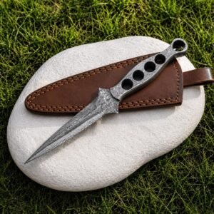 Handmade Raindrop Damascus Dagger | Boot Knife with Damascus Handle & Leather Sheath