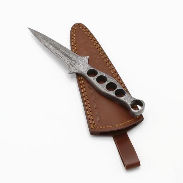 Handmade Raindrop Damascus Dagger | Boot Knife with Damascus Handle & Leather Sheath - Image 2