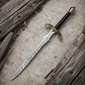 Hand-Forged Elven Sword | 5160 Steel, Vine Engraved Blade, Brass Hilt, Leather Sheath