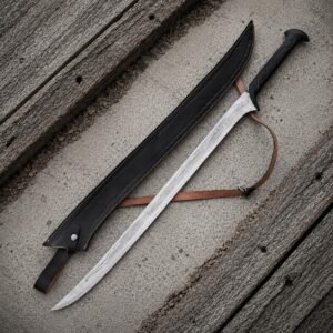 Handmade Damascus Steel Fantasy Sword | Viking Elven Style, Leather Sheath