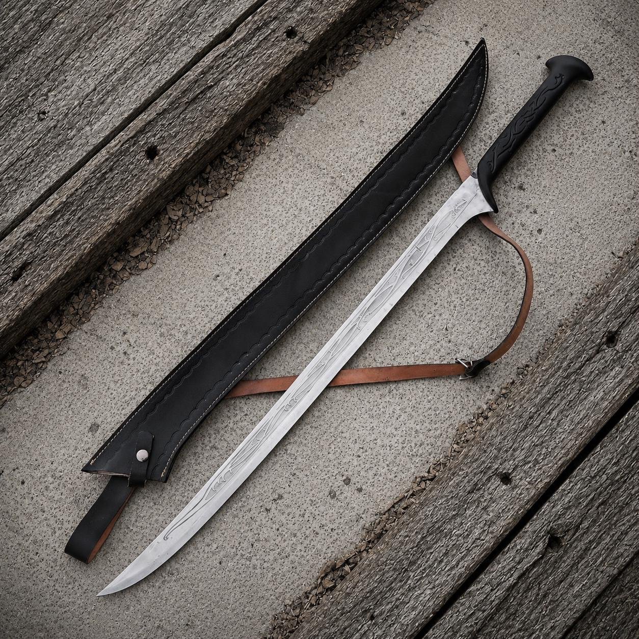Handmade Damascus Steel Fantasy Sword | Viking Elven Style, Leather Sheath