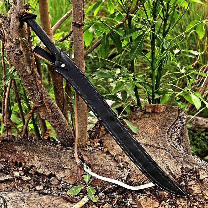 Handmade Damascus Steel Fantasy Sword | Viking Elven Style, Leather Sheath - Image 7